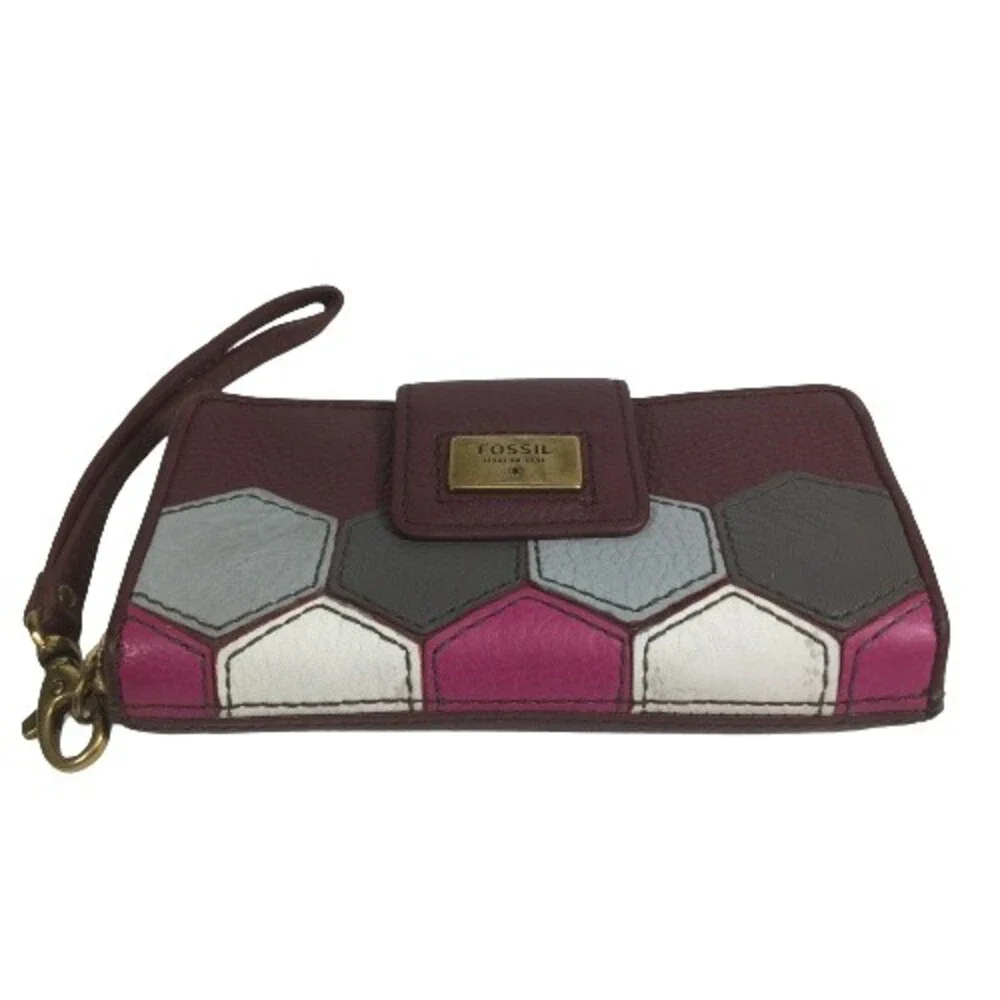 FOSSIL Quinn Slim Leather Clutch Wallet Wristlet MULTI COLOR Pink Burgundy Gray